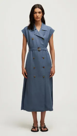 Layered Look Trench Dress in Viscose Linen Twill | Powder Blue