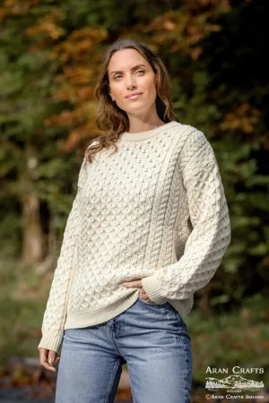 Cable knit Crewneck Jumper 100% Merino Wool (Natural) Trendy Wearable