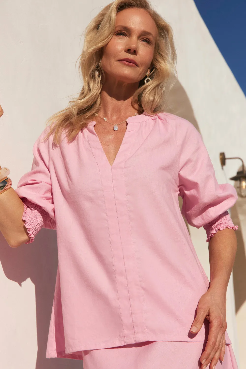 Lightweight Comfort Casual Style Wear Danny V-Neck Blouse in Peony