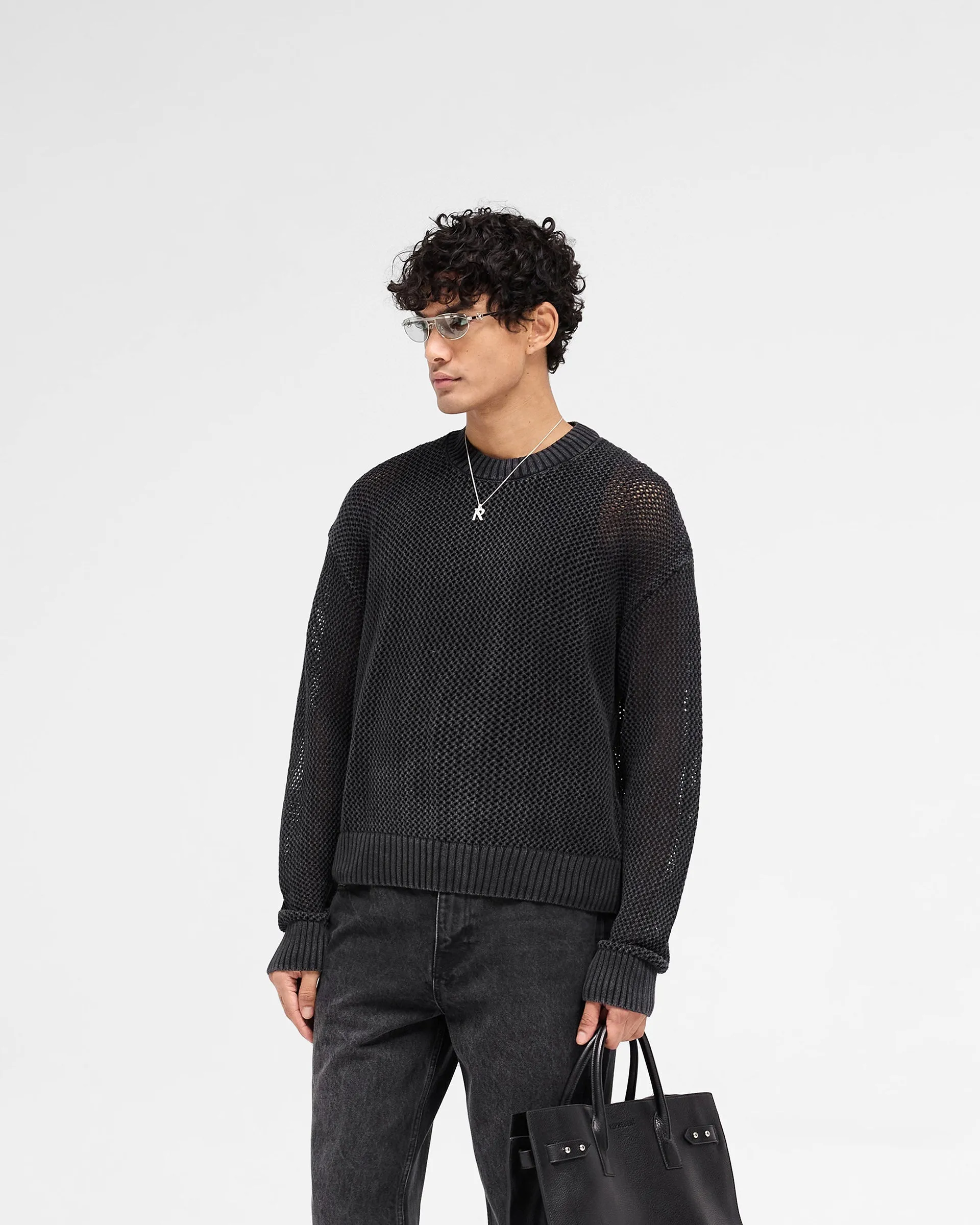 Summer Outfit Student Cool Open Gauge Knit Sweater - Jet Black
