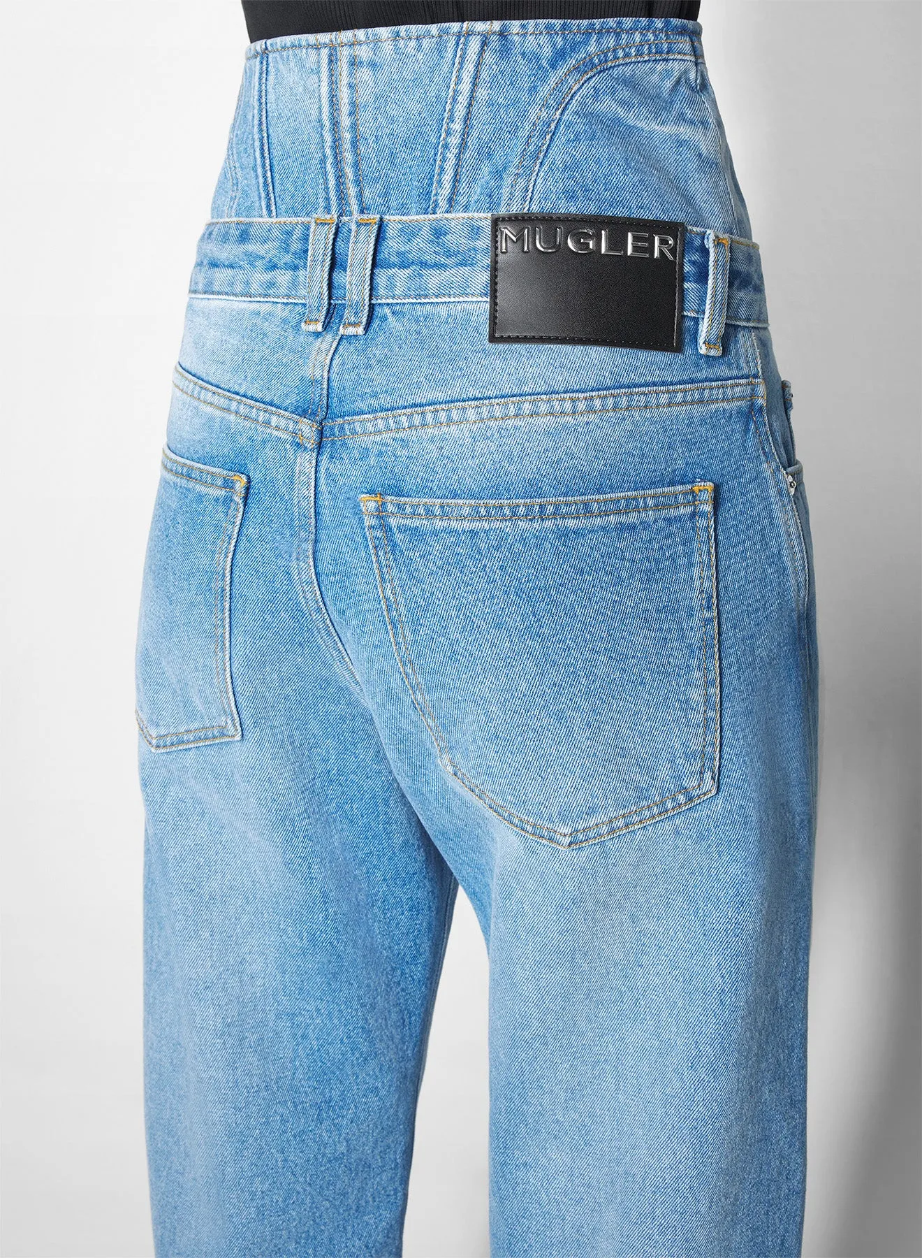 washed blue high-waisted corset jeans Quick Release Buckle
