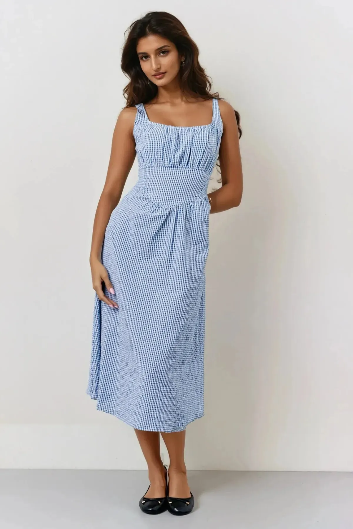 Fresh Motion Flattering Design Blue Gingham Milkmaid Maxi Dress