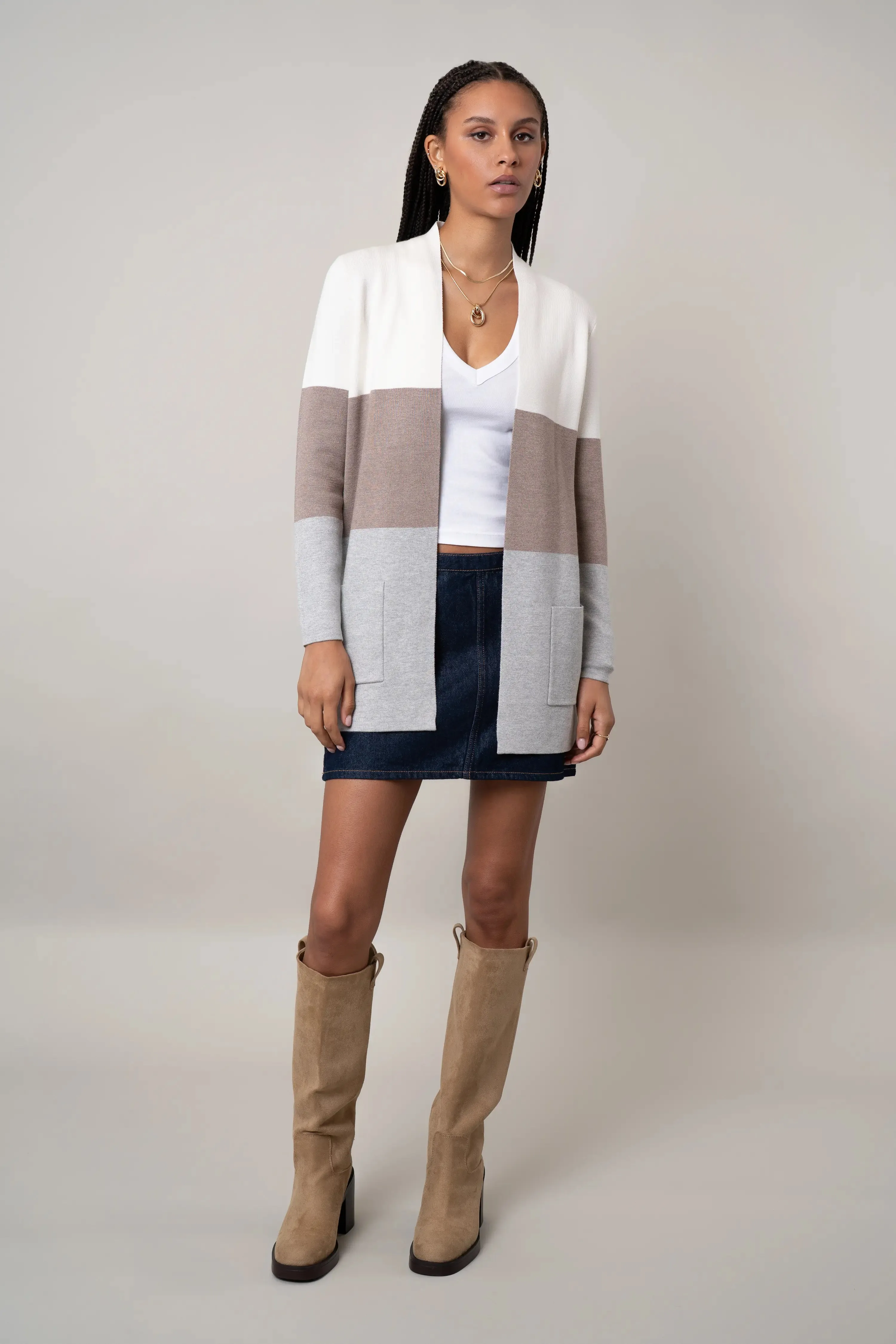 Elegant Tunic Weatherproof Outerwear The Colorblock Open Cardigan