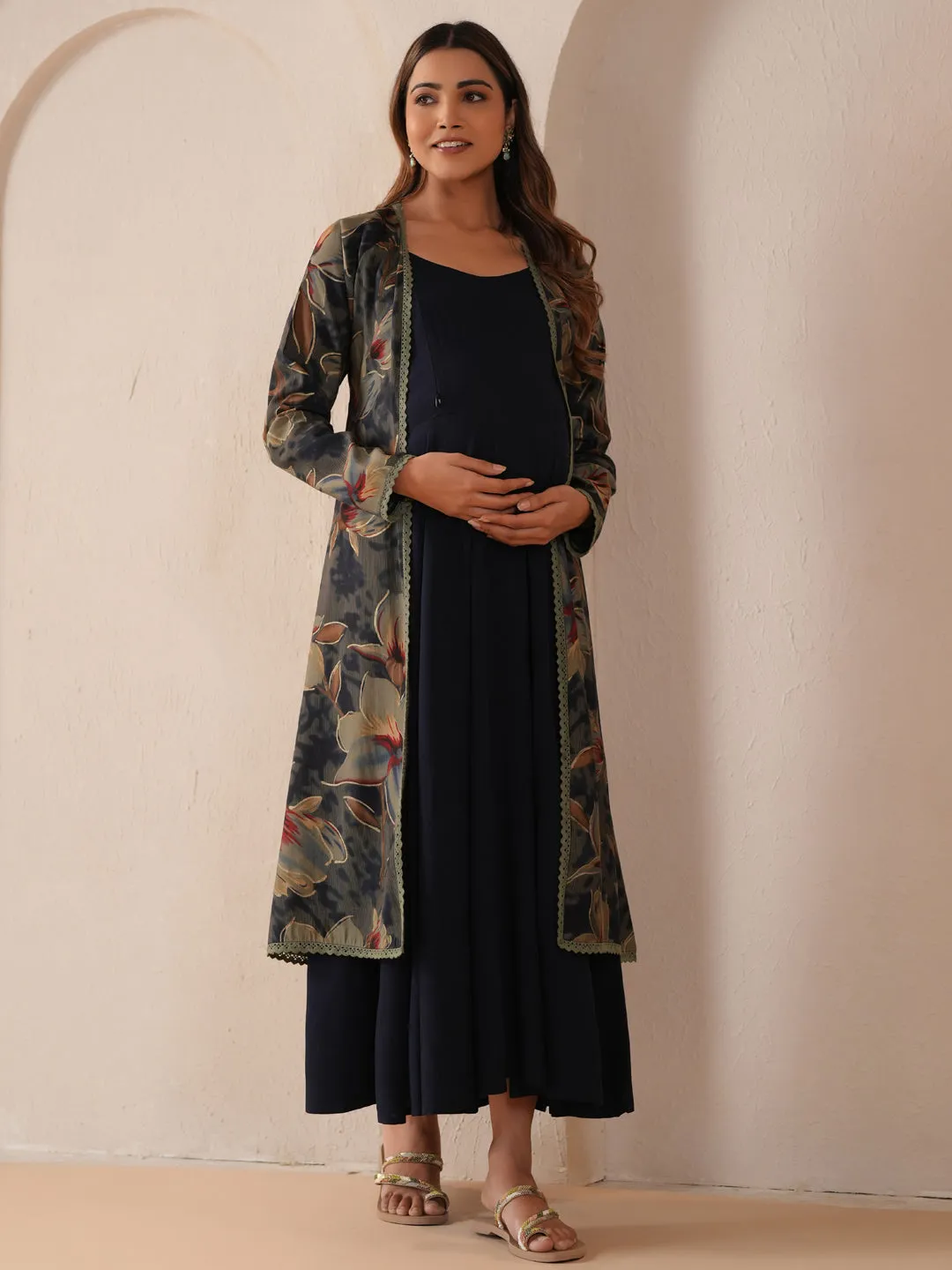 cut out SustainableCotton Women's Black Maternity Dress with Cape Jacket