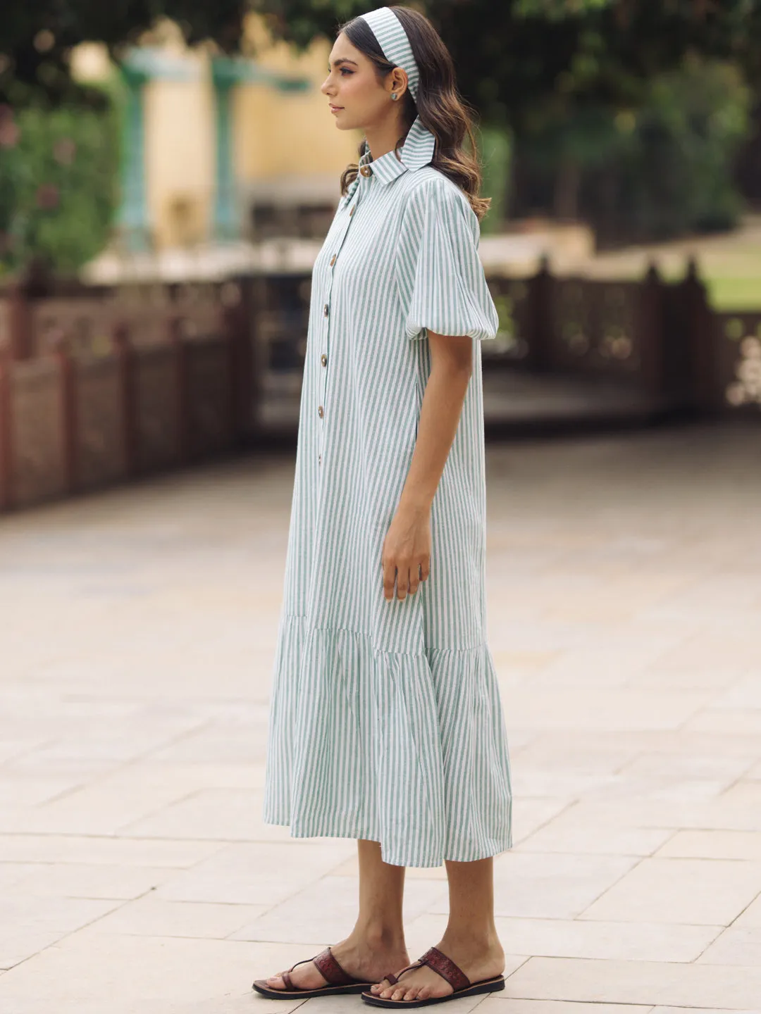 Balloon-Sleeve Sleeve Light Women's Blue Cotton Button Down Dress