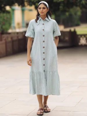 Chic And Comfortable Women's Blue Cotton Button Down Dress