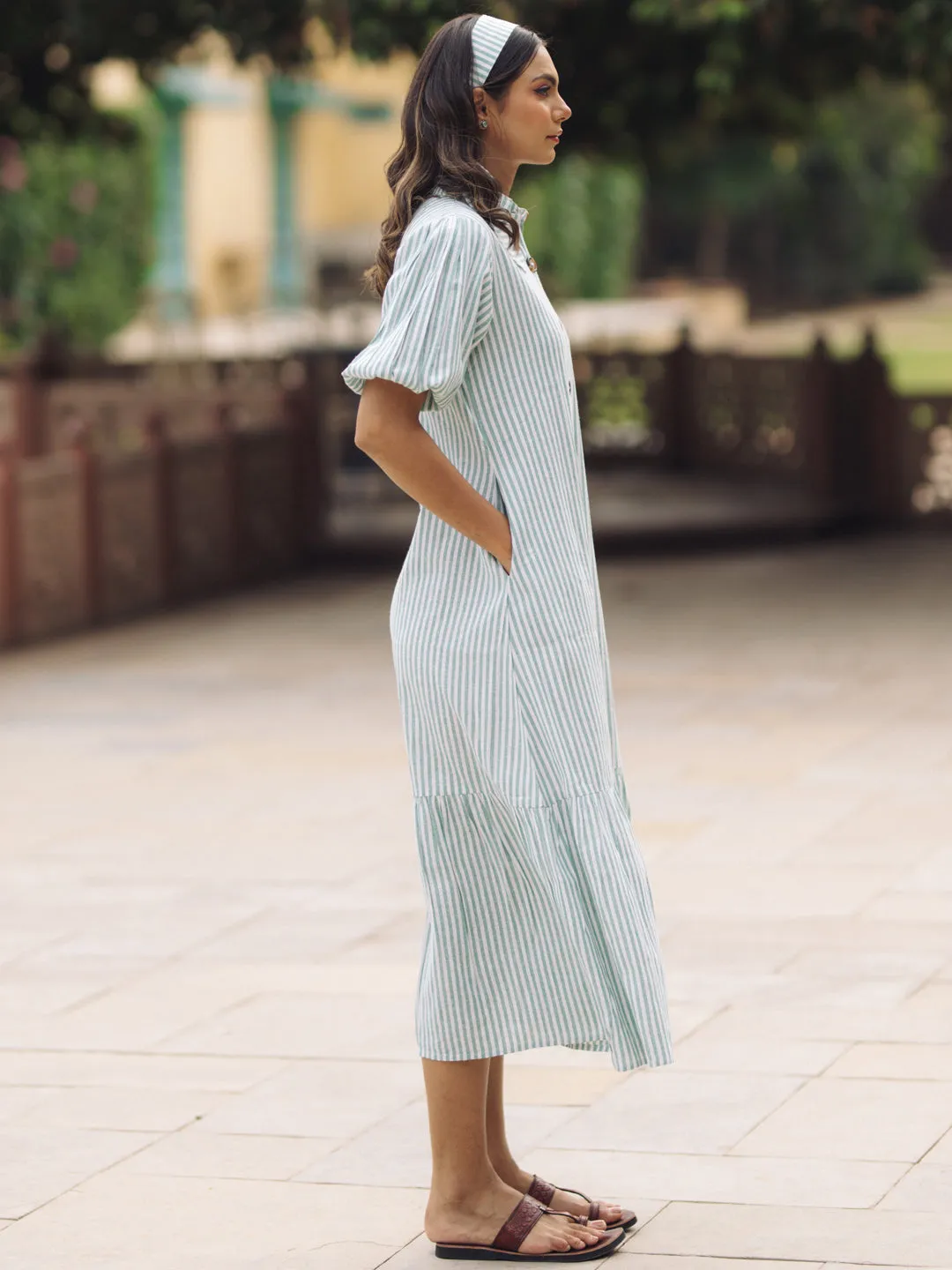 Women's Blue Cotton Button Down Dress Basic Shape