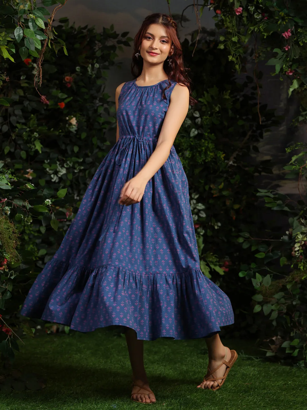 Women's Blue fit and flare dress LayeredHemline Flattering Look