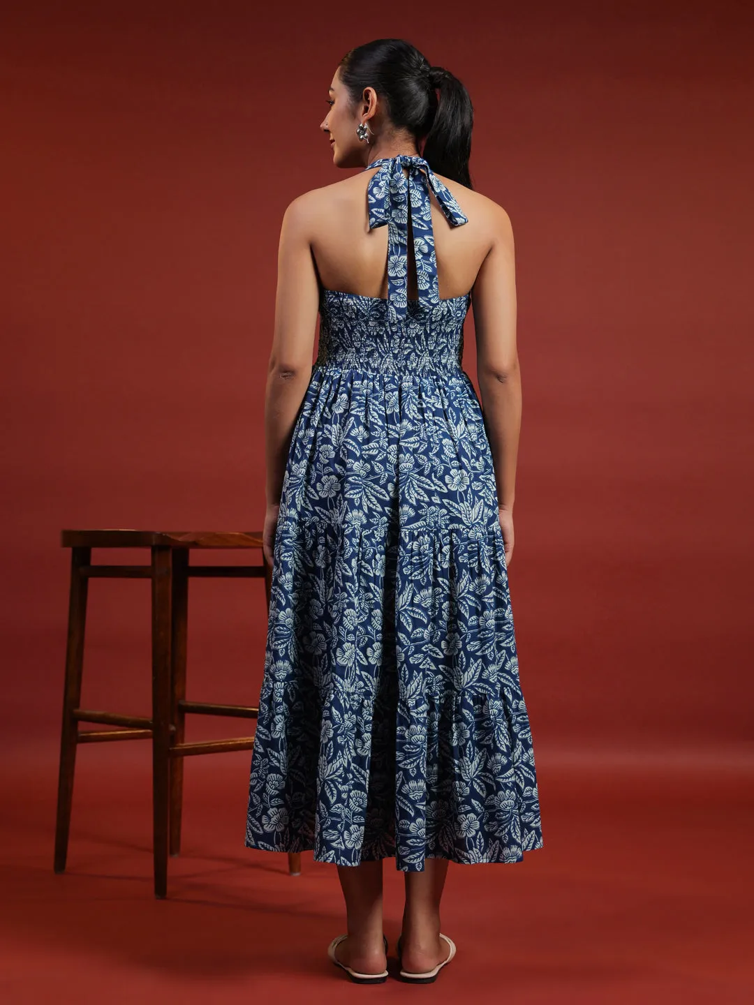 Women's Blue Printed Tier Dress Weekend Casual