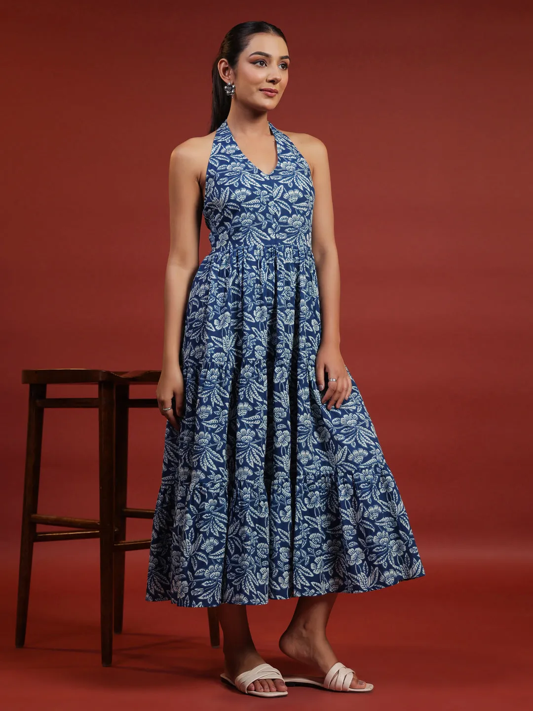 Women's Blue Printed Tier Dress Tailored Mood