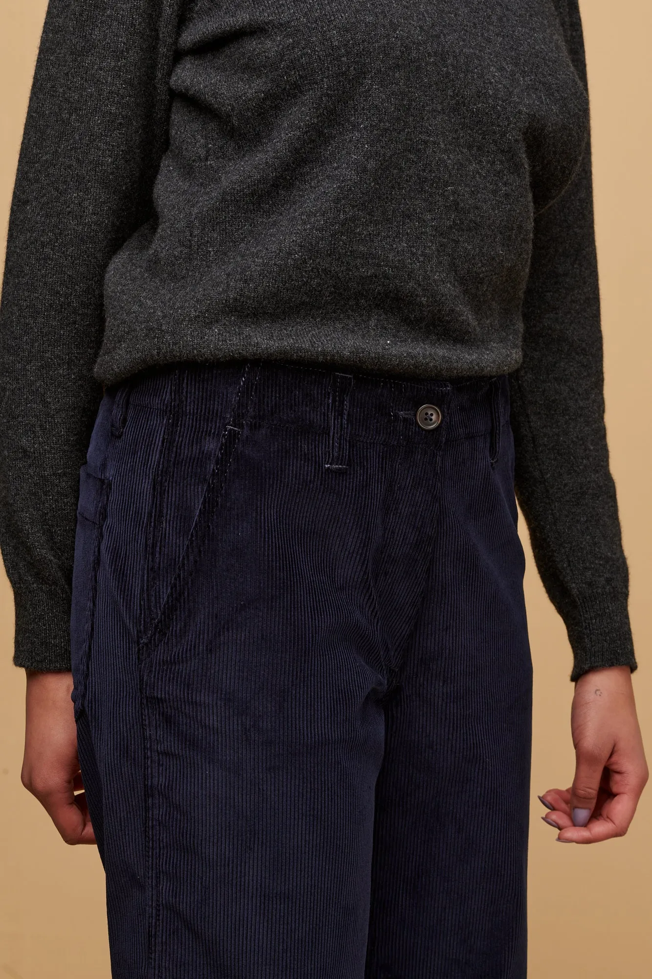 Women's Corduroy Work Trousers - Navy Flared bottom