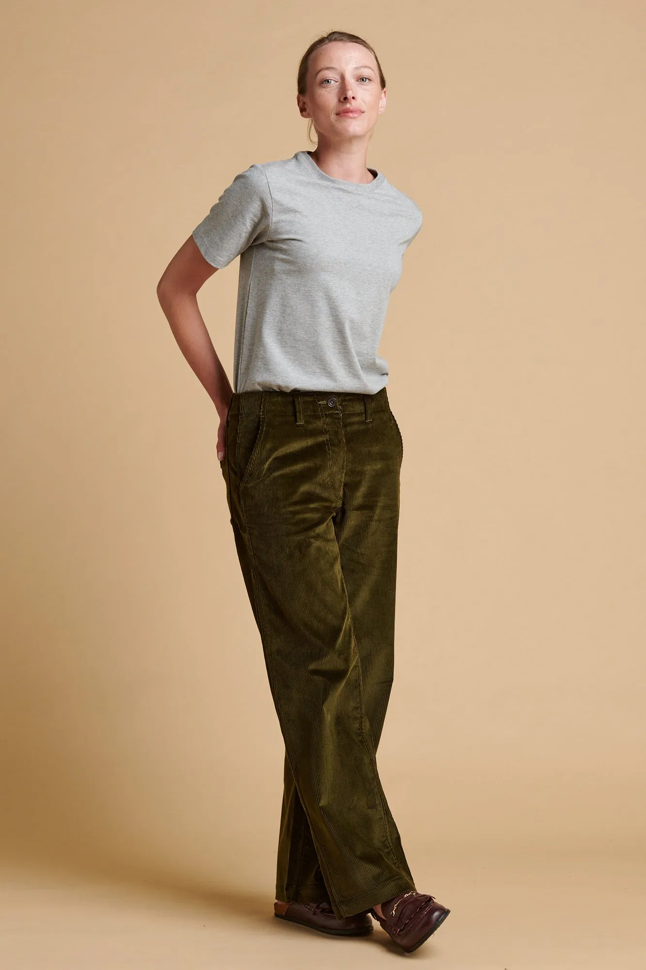 No Gap Waistband Flatlock Seams Women's Corduroy Work Trousers - Olive