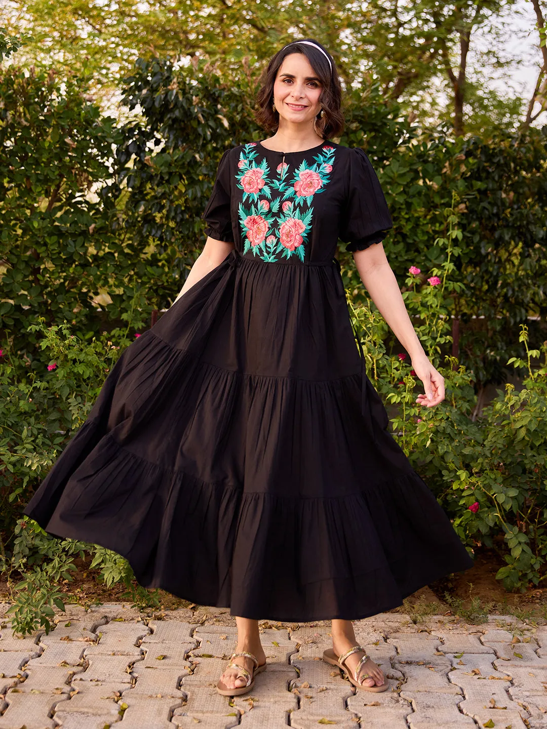 Women's Cotton Embroidered Flared Dress Contemporary Waist