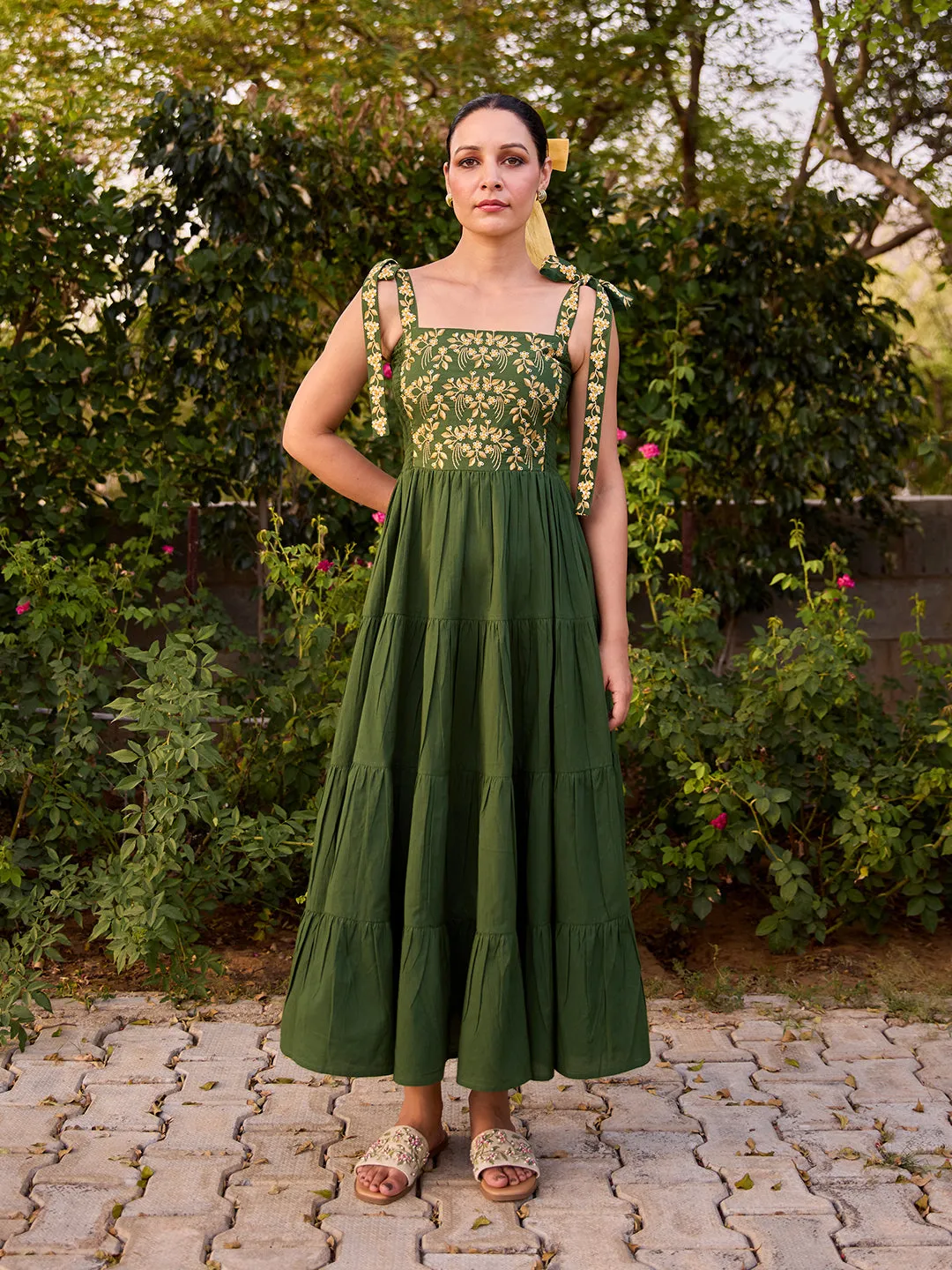 Women's Cotton Embroidered Tie Up Flared Dress Off-Shoulder Vibrant Design