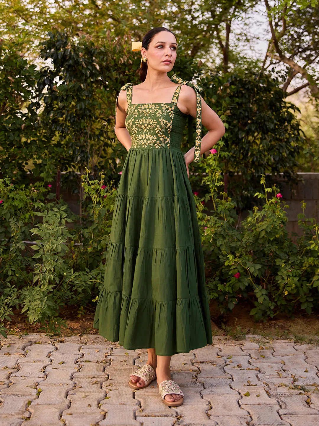 Dainty Finish Women's Cotton Embroidered Tie Up Flared Dress