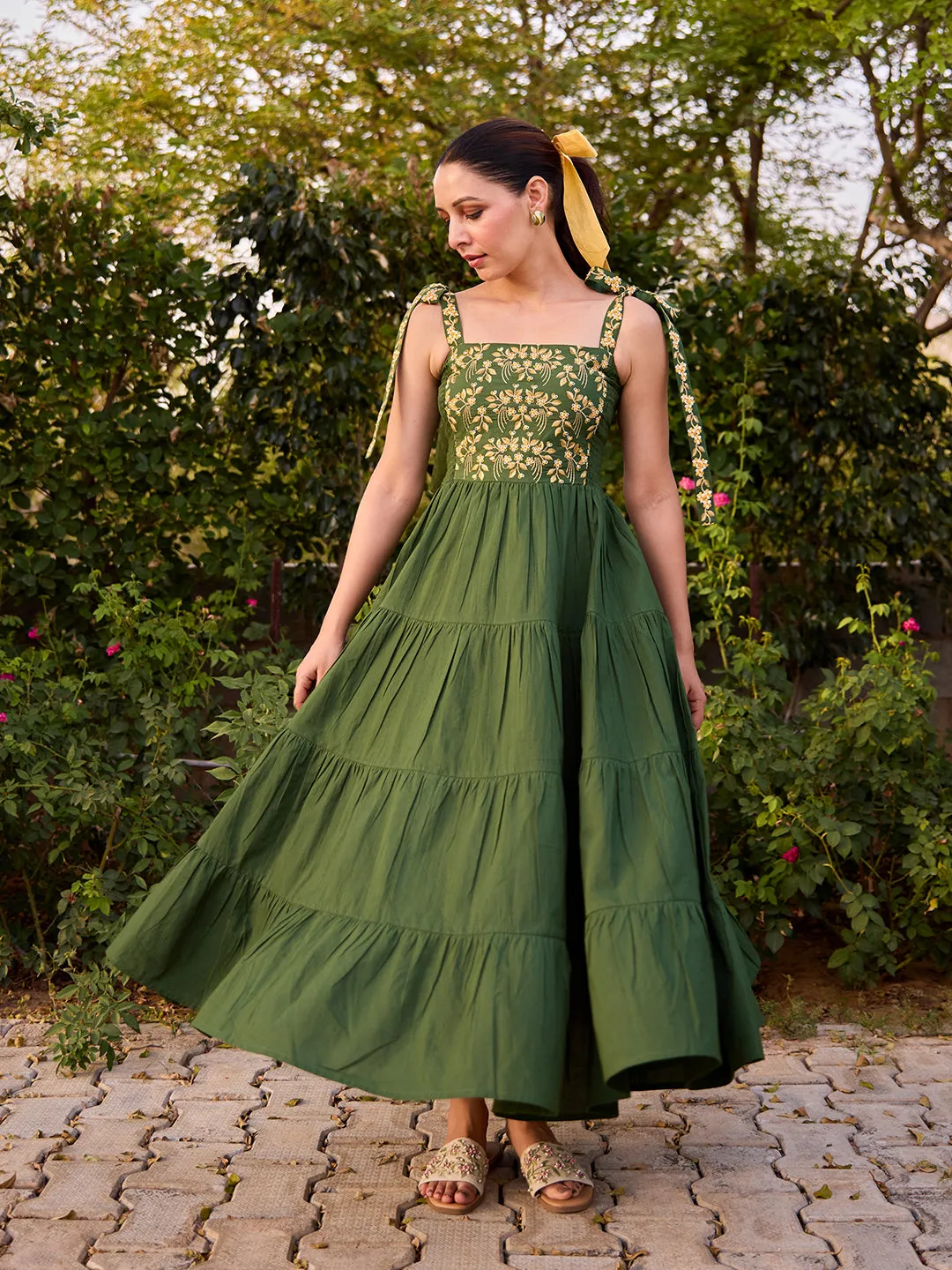 LowProfileZipper Women's Cotton Embroidered Tie Up Flared Dress