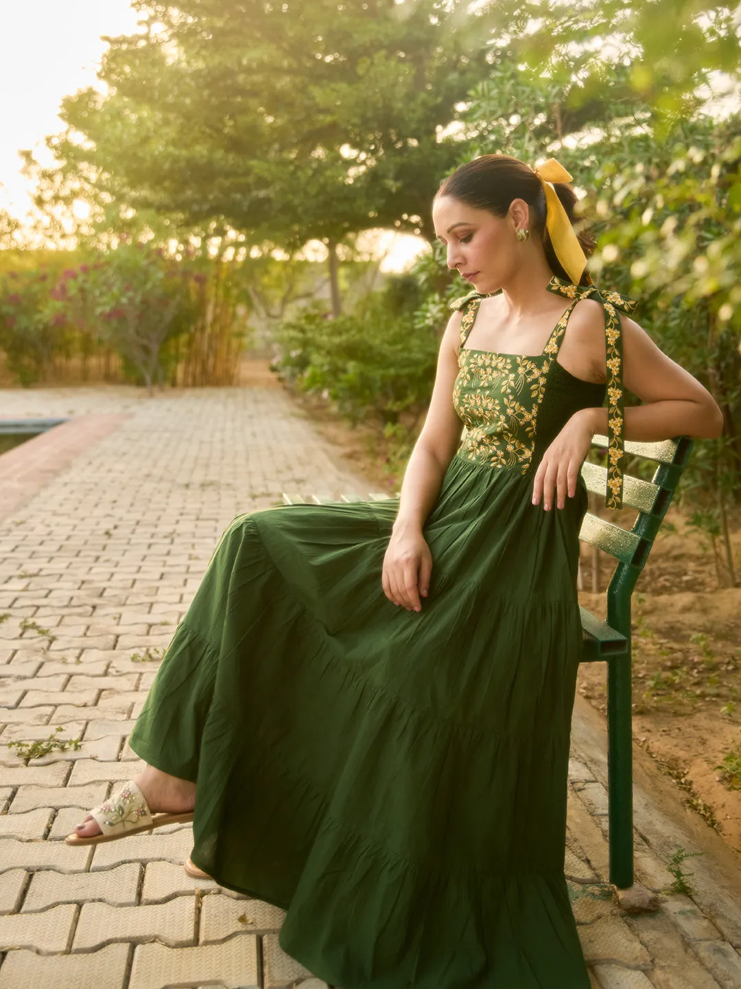 Women's Cotton Embroidered Tie Up Flared Dress Daily Wear