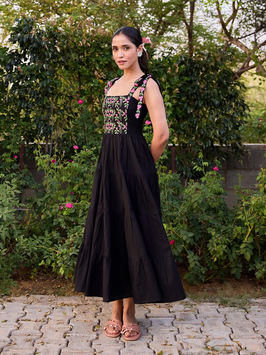 Skin Tone Comfy Fit Wear Women's Cotton Embroidered Tie Up Flared Dress