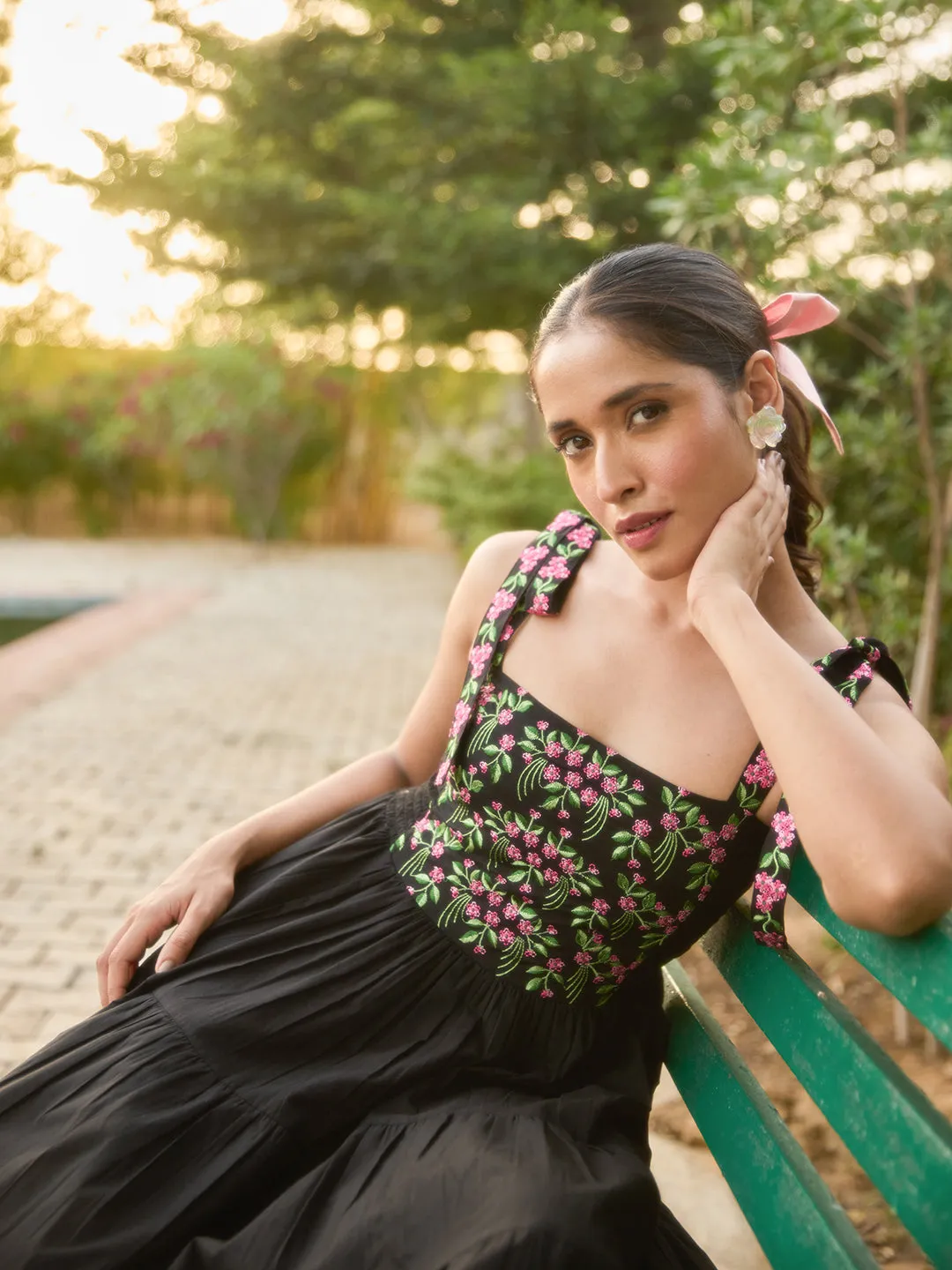 Stylish Waistband Minimalist-Style Women's Cotton Embroidered Tie Up Flared Dress