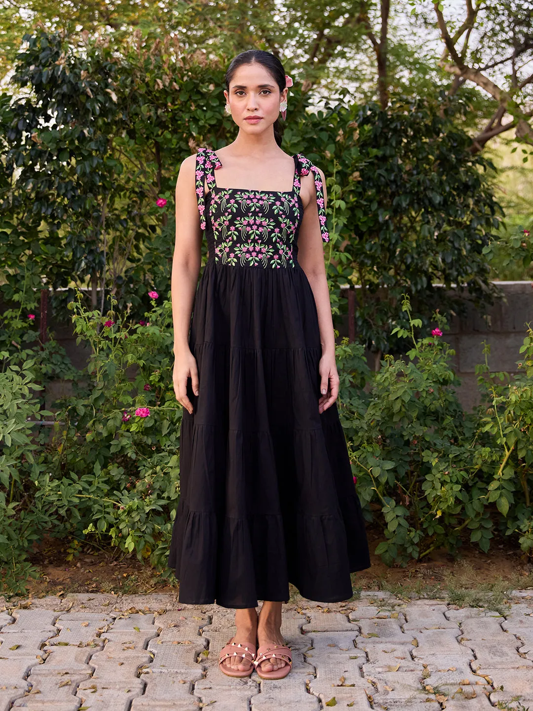 Women's Cotton Embroidered Tie Up Flared Dress Festival-Ready