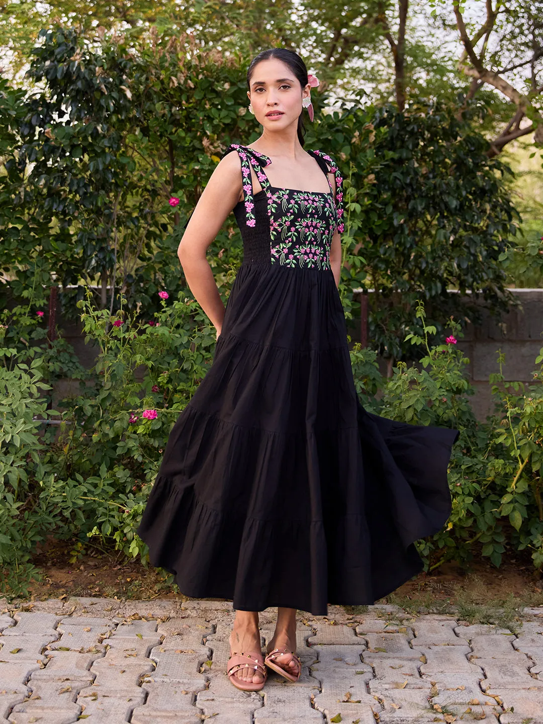 Women's Cotton Embroidered Tie Up Flared Dress Relax Form Urban Line