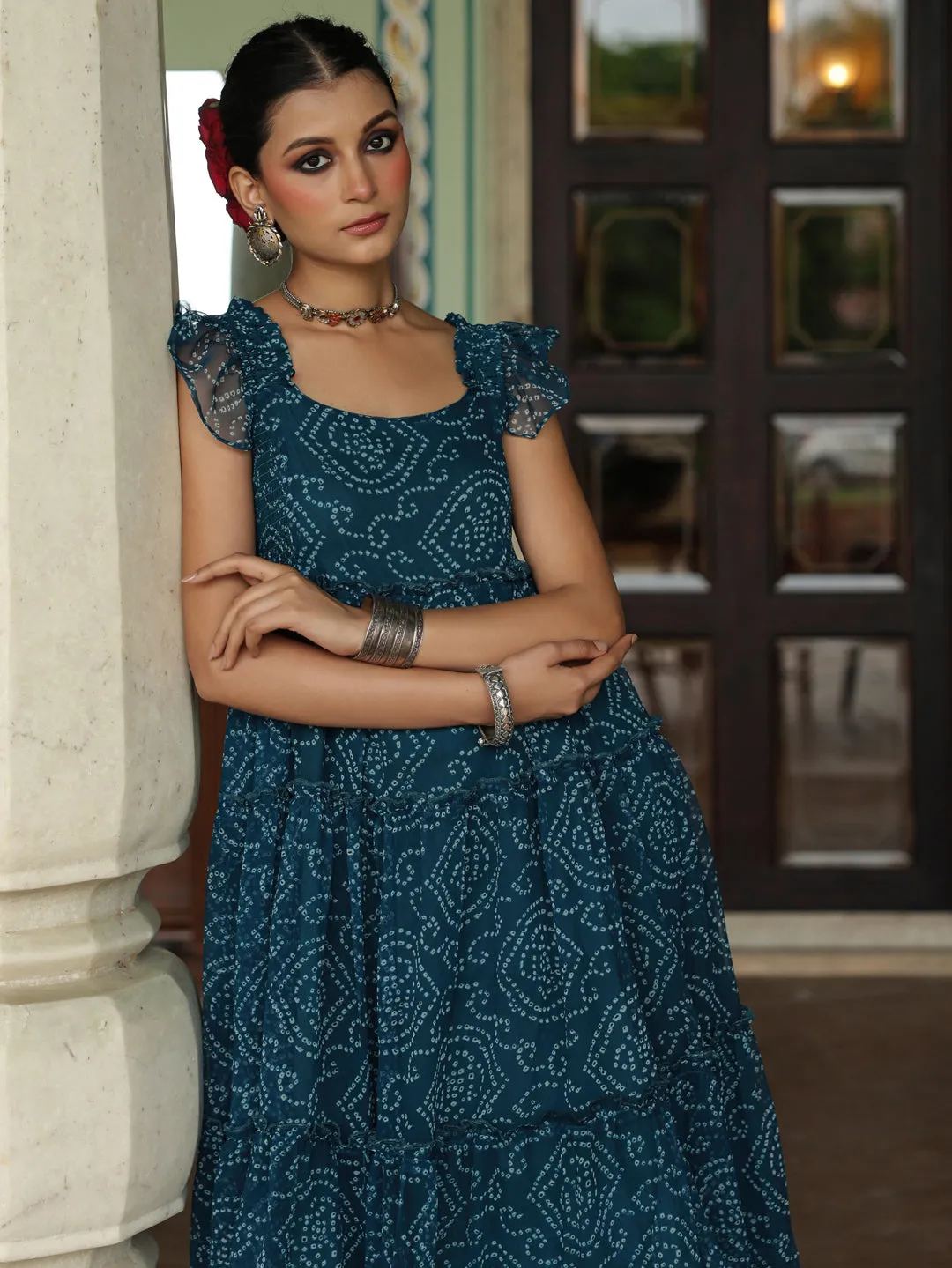 Women's Fit and Flare Bandhani Dress Casual Style