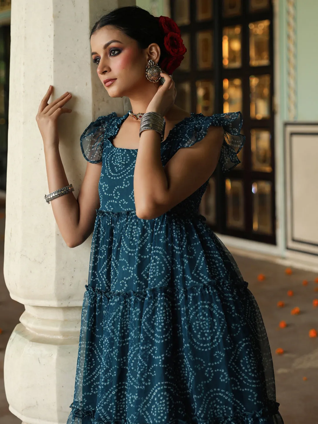 Women's Fit and Flare Bandhani Dress Fresh Motion Flattering Look Wear