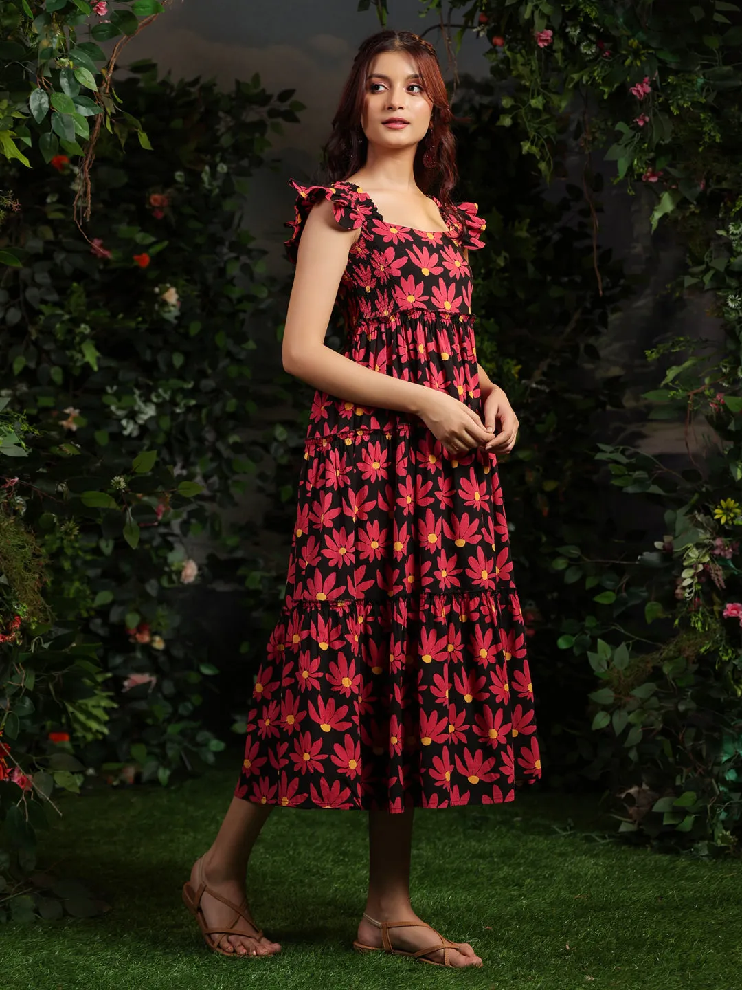 Perfect Layer Ruffle Detail Women's Floral Black fit and flare dress