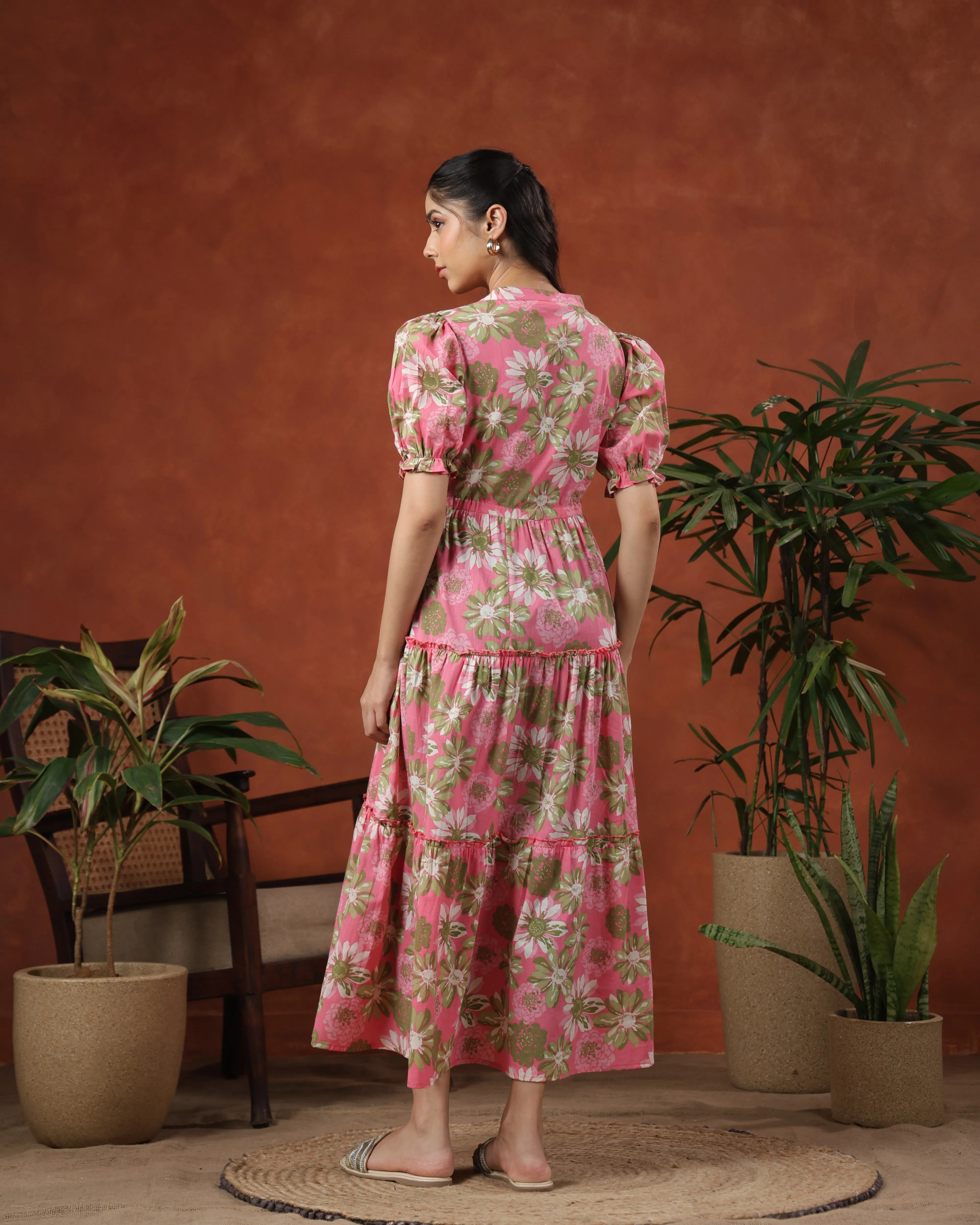 Dream Look Matte Fabric Women's Floral Printed Tier Dress