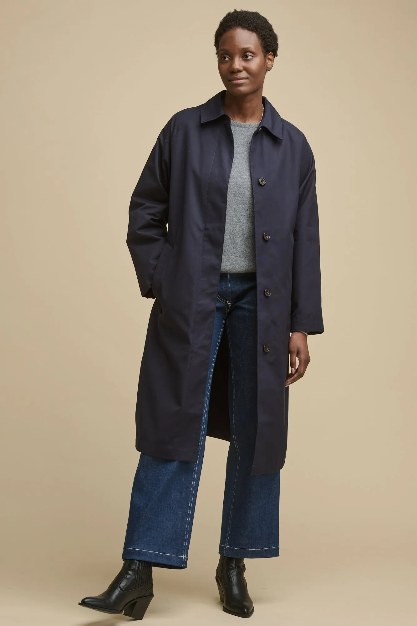 Women's Frances Belted Raglan Raincoat - Navy Adjustable Hem