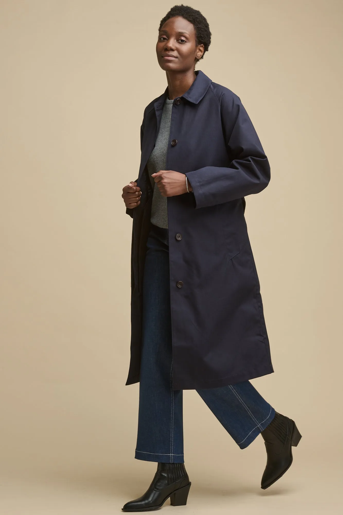 Women's Frances Belted Raglan Raincoat - Navy Ultra Soft Brushed Interior