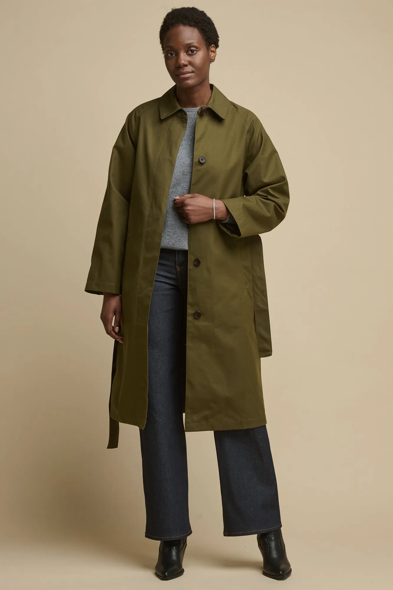 Women's Frances Belted Raglan Raincoat - Olive Flexible Elbow Patches