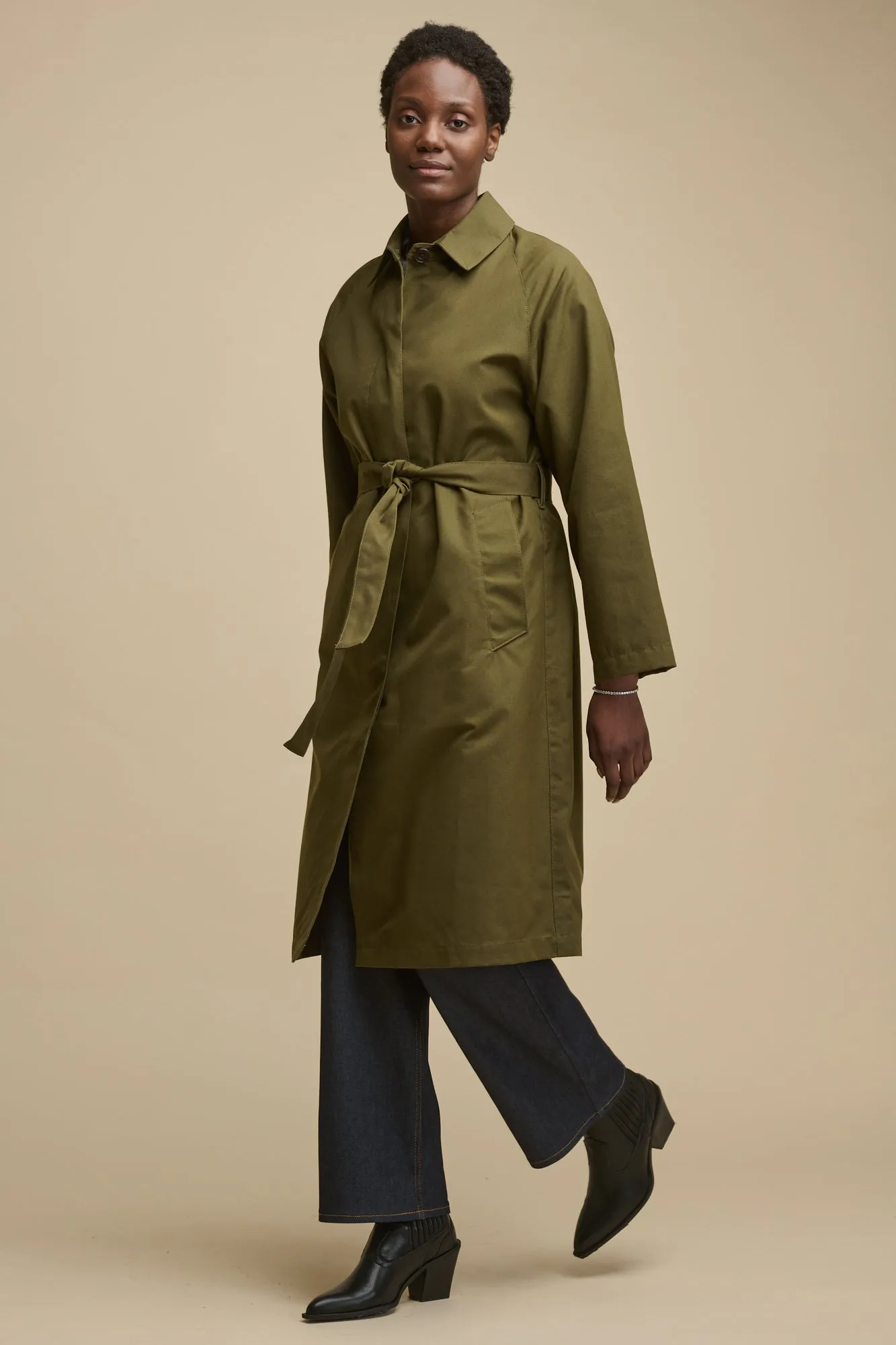 Women's Frances Belted Raglan Raincoat - Olive Ethical Manufacturing