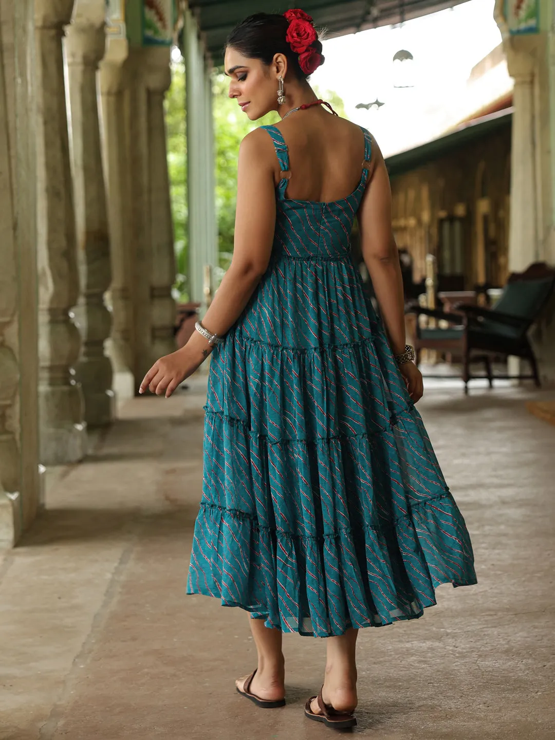 Women's Georgette Leheriya Tier Dress Smooth Drape