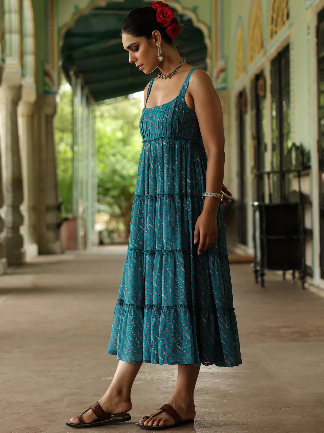 Glam Touch Chill Wear Women's Georgette Leheriya Tier Dress