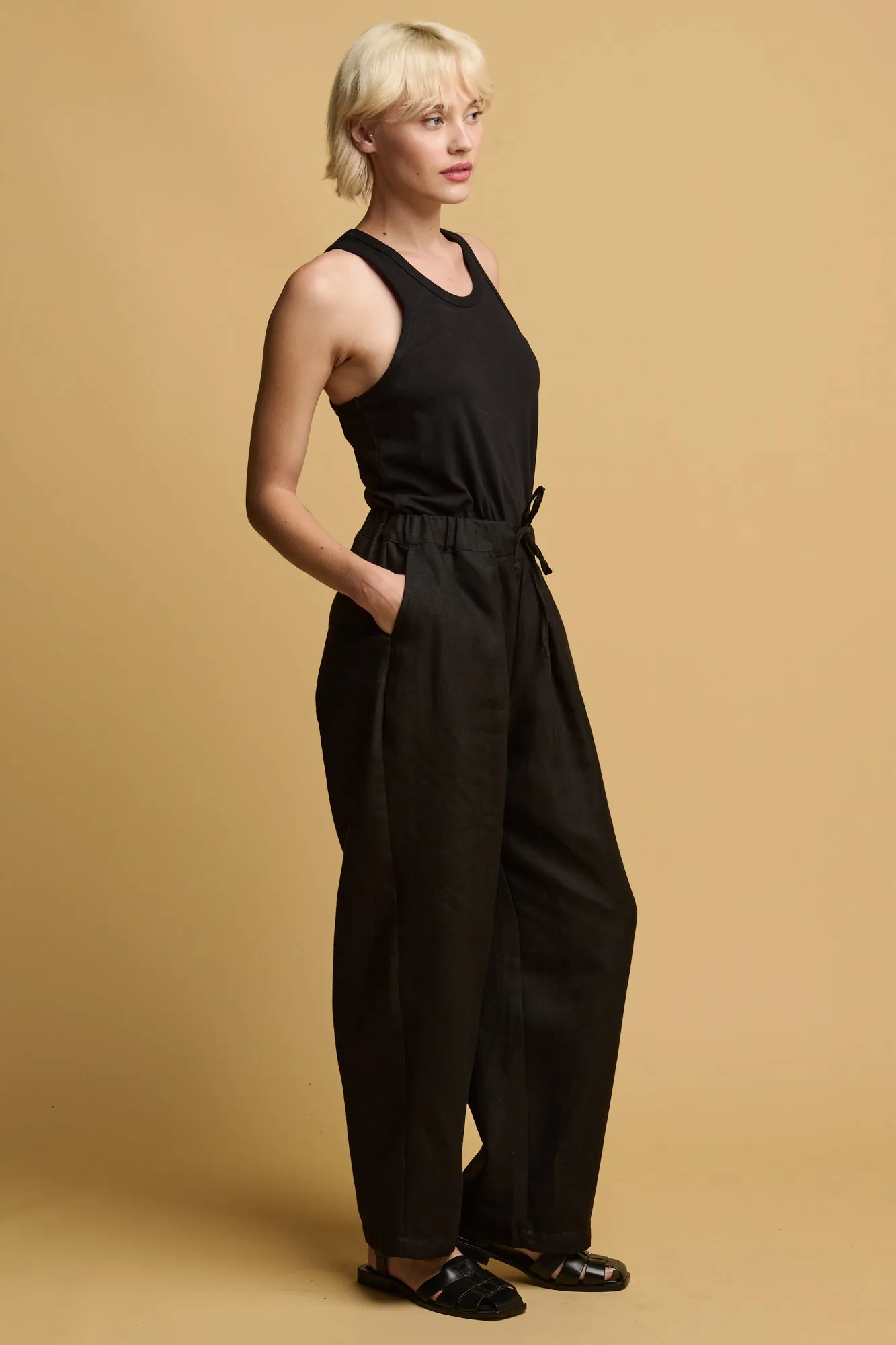 Women's Lorna Elasticated Waist Linen Trouser - Black Cozy Fit Stretch Panel
