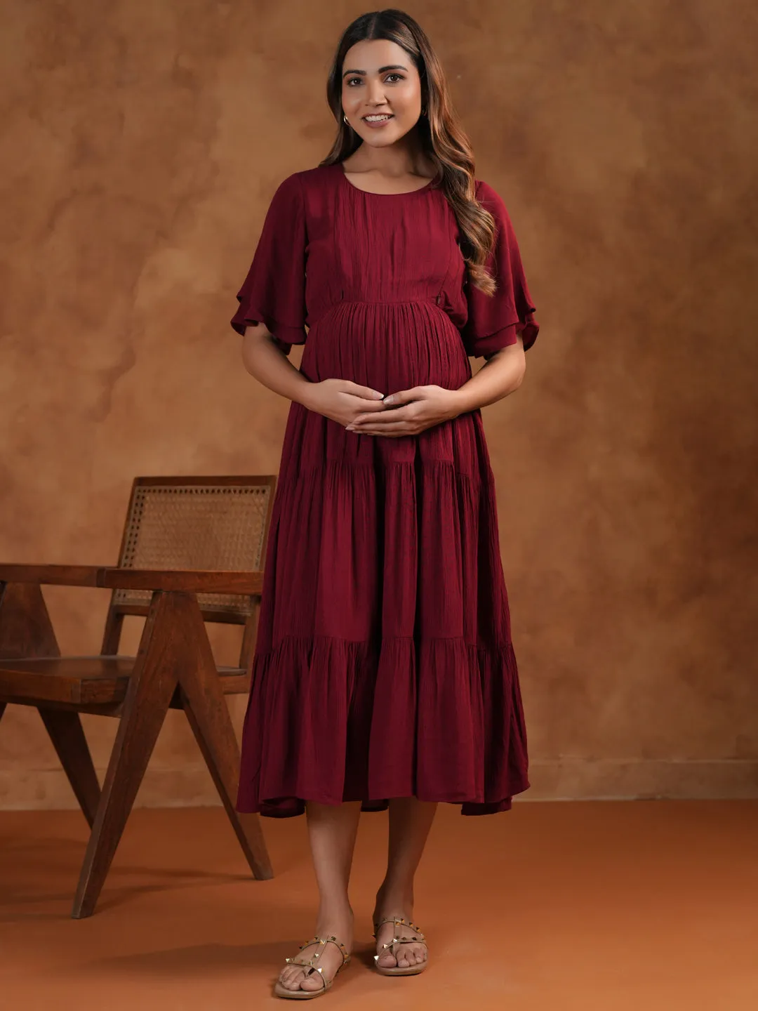 Noble Aura Women's Maroon Maternity Dress