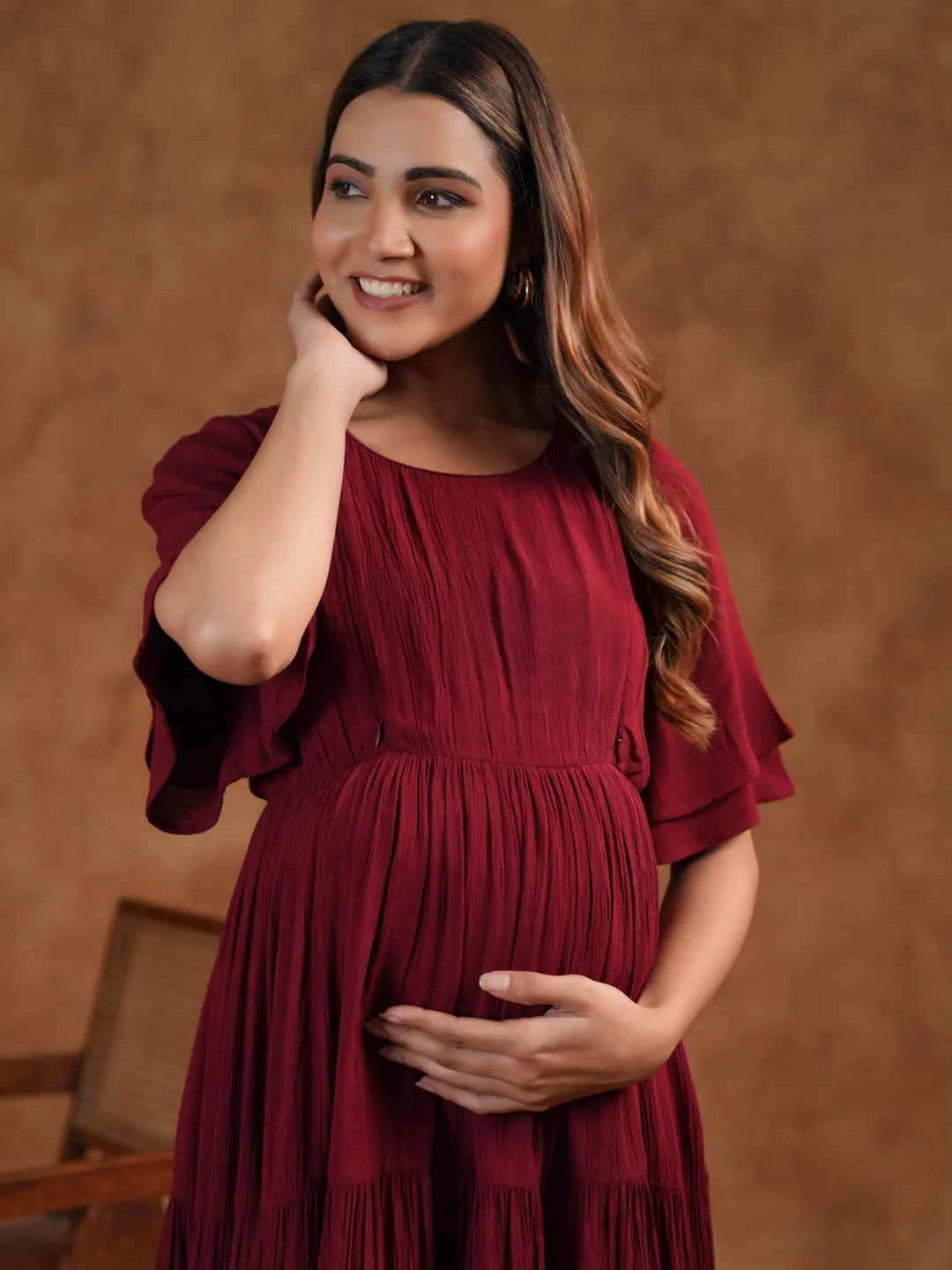 Balanced Fit Women's Maroon Maternity Dress