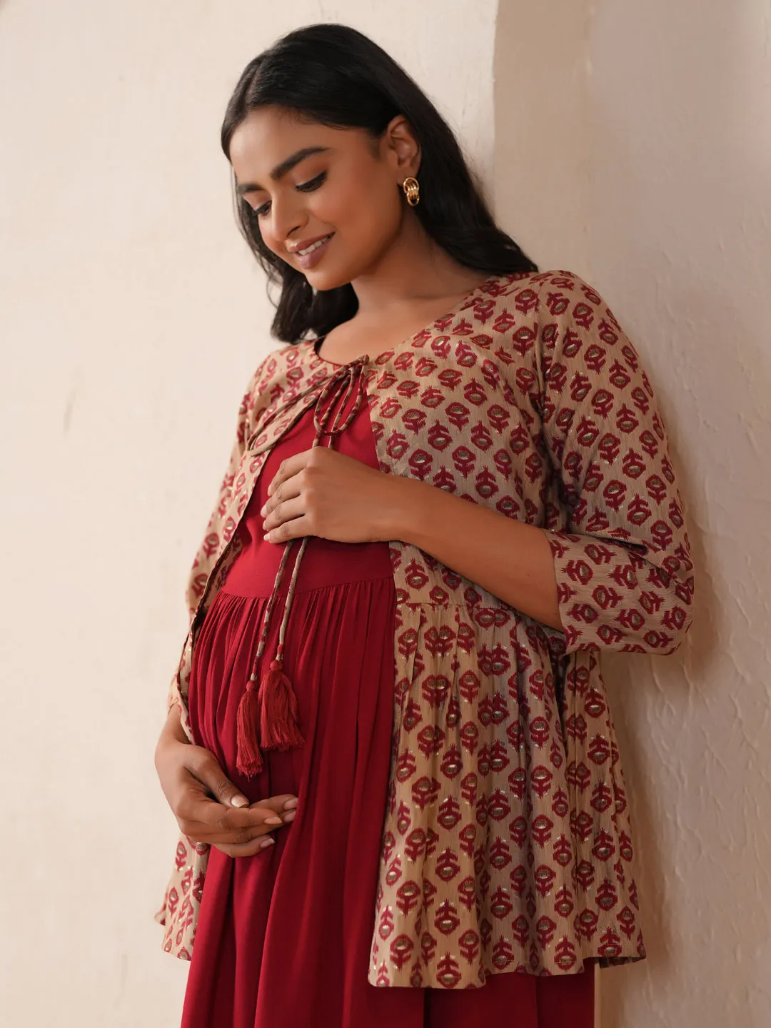 Women's Maroon Maternity Dress with Jacket Soft Finish