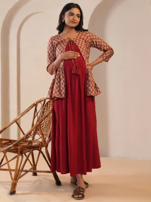 Women's Maroon Maternity Dress with Jacket Pose Glow