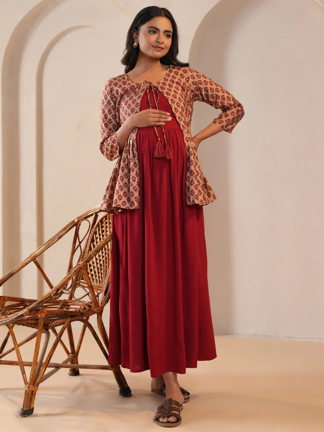 Women's Maroon Maternity Dress with Jacket Pose Glow