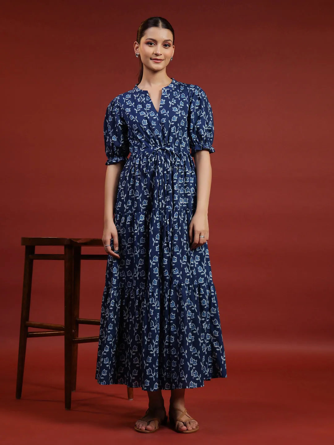 Subtle Finish Women's Navy Blue Printed Tier Dress