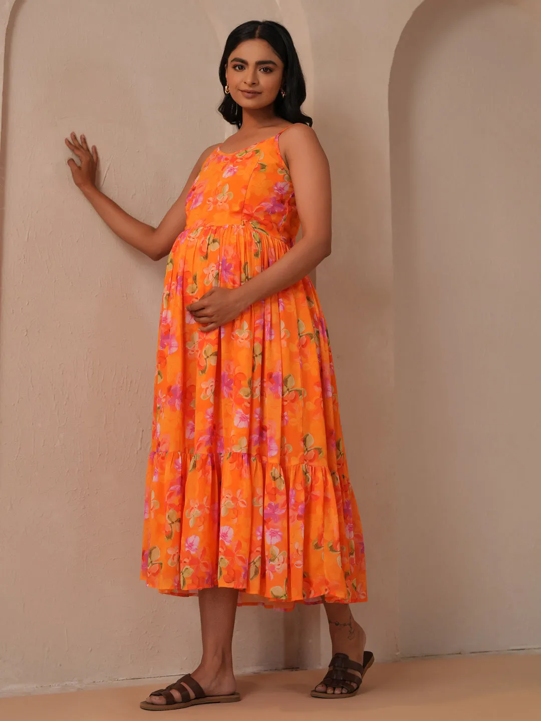 Women's Orange Maternity Dress Clasp-Closure Fit For All