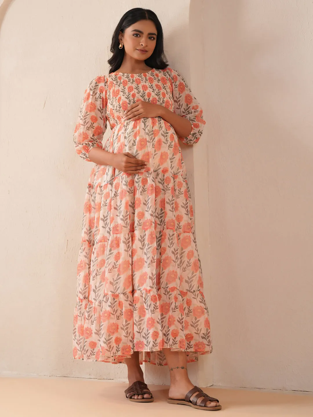 Textured Surface Cute Glow Women's Peach Maternity Dress