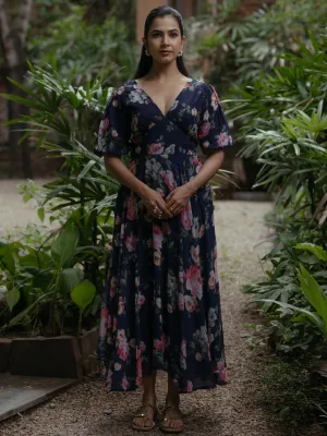 Fashionable Look Urban Line Women's Printed Baloon Sleeve Georgette Midi Dress