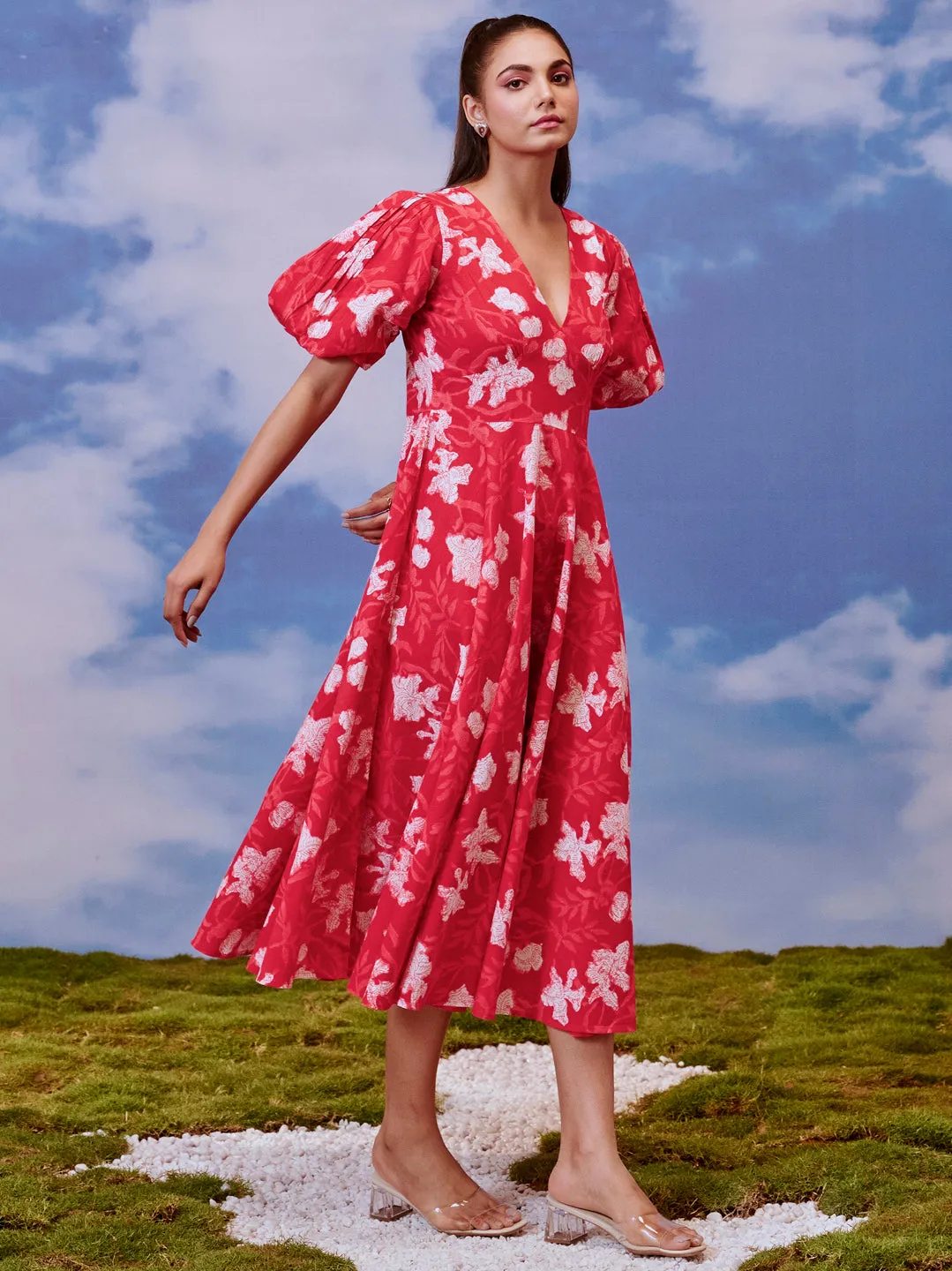 Women's Red long dress with balloon sleeves Comfortable Layering