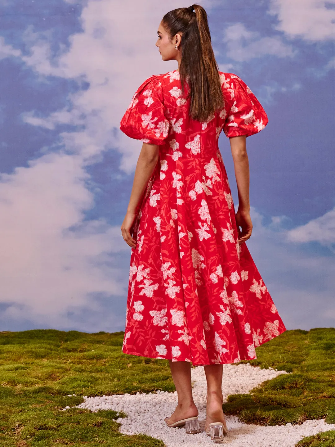 Smart and Elegant Chic Mom Women's Red long dress with balloon sleeves