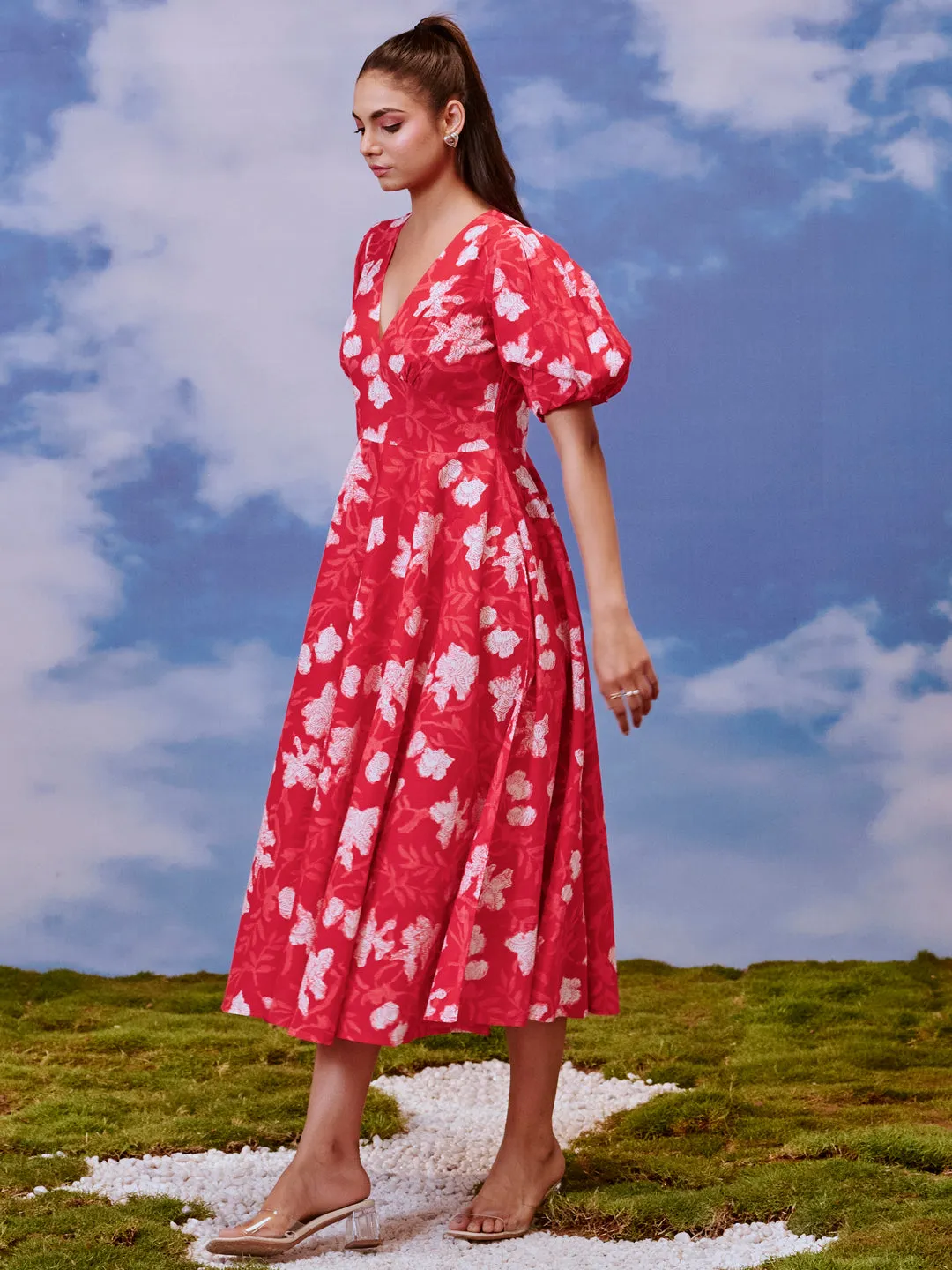 Women's Red long dress with balloon sleeves Trendy summer outfit High Neck