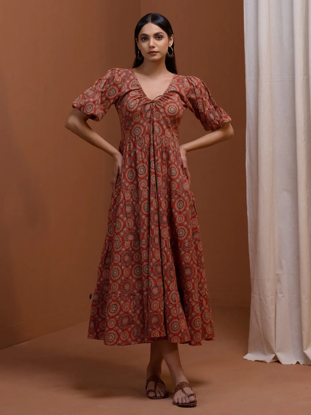 Women's Rust Printed Tier Dress Clean Drape Fresh Flow