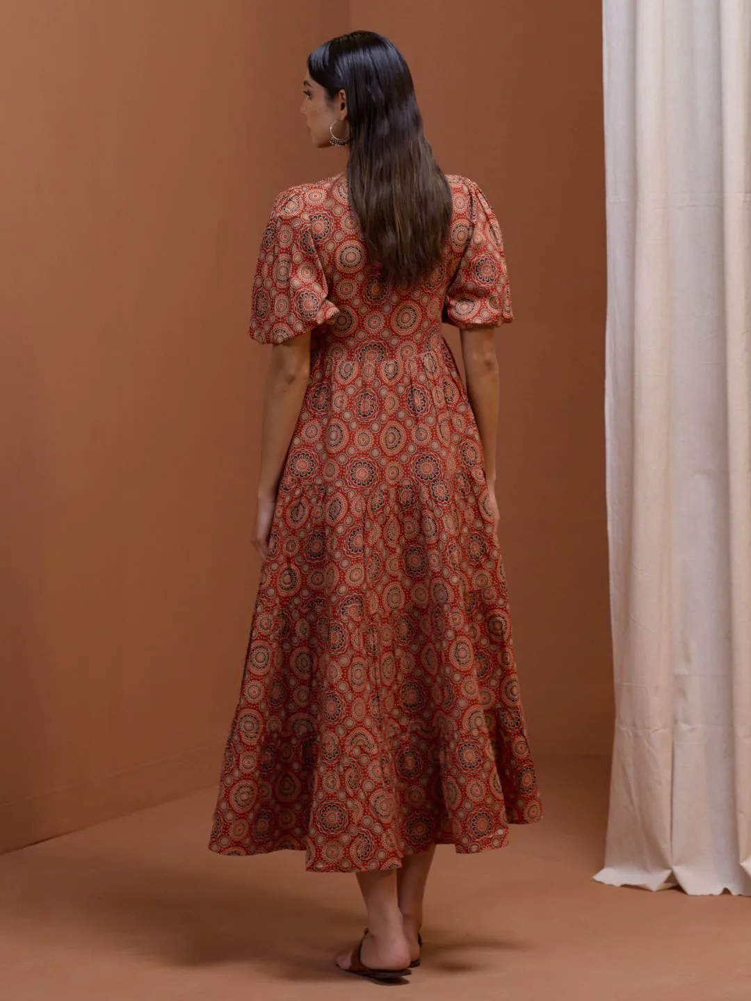 Women's Rust Printed Tier Dress Soft Curve Gemstone-Detail